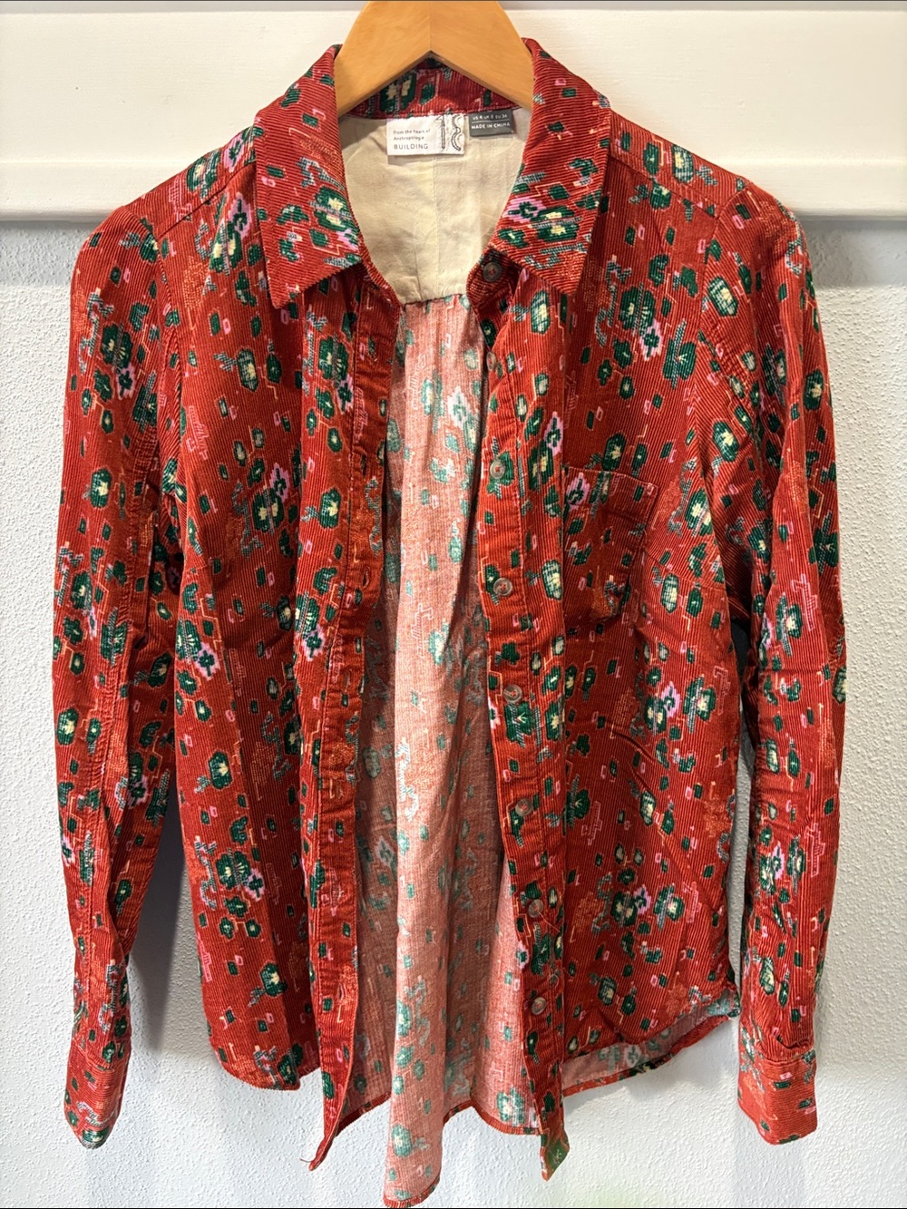 Anthropologie Red Floral Button-Down Shirt with Green Accents